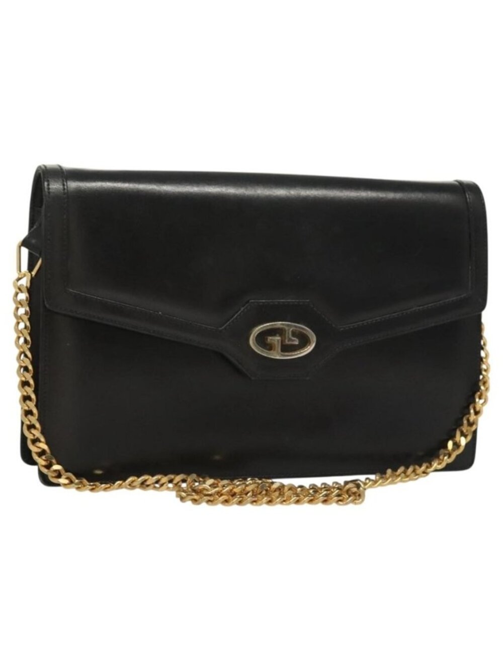 Authentic GUCCI Chain Shoulder Bag Leather Black Gold
